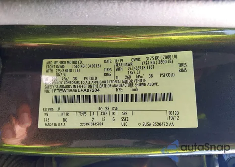 2020 Ford F-150 Xlt из США, поврежденный, VIN 1FTEW1E55LFA07204